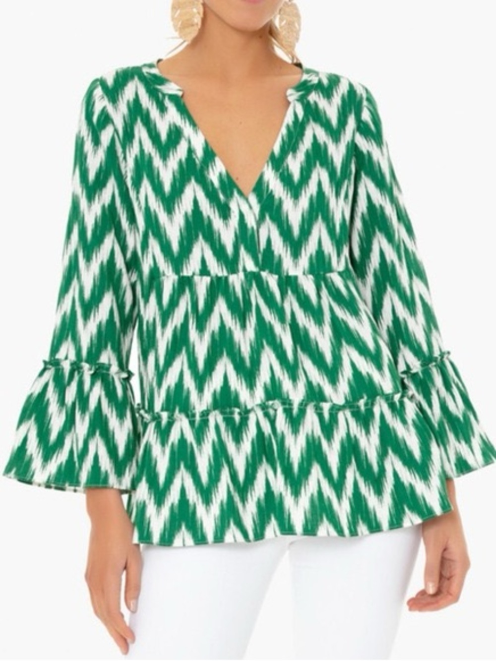 Tuckernuck Pomander Place Ikat Kenzo Top Green White Tiered Blouse size Medium